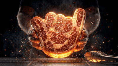 A Person Is Holding A Piece Of Meat That Looks Like A Hand Giving A Rock On Sign GIF