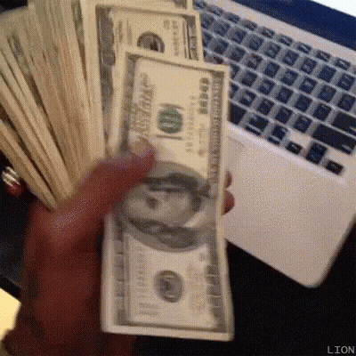 A Person Is Holding A Pile Of Money In Front Of A Laptop . GIF
