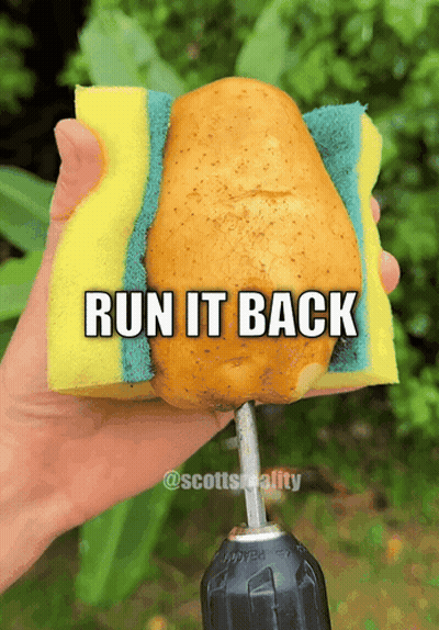 A Person Is Holding A Potato And A Sponge With The Words Run It Back Written On It GIF