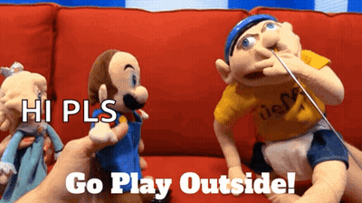 A Person Is Holding A Puppet With A Needle In His Nose While Another Puppet Says Go Play Outside GIF