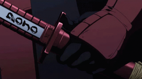 A Person Is Holding A Red Sword With The Word Oho On The Blade GIF