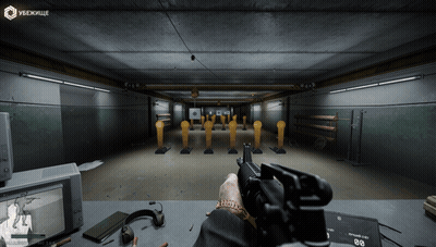 A Person Is Holding A Rifle In A Shooting Range With A Sign That Says ' Убежище ' On It GIF