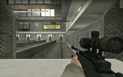 A Person Is Holding A Rifle In Front Of A Sign That Says Whittaker 'S Gun Shop GIF