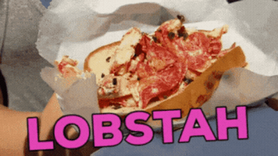 A Person Is Holding A Sandwich With The Word Lobstah On It GIF