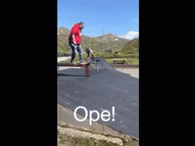 A Person Is Holding A Skateboard In Their Hand And The Word Ope Is On The Ground In Front Of Them GIF