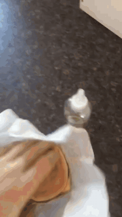 A Person Is Holding A Small Bottle On Their Foot GIF