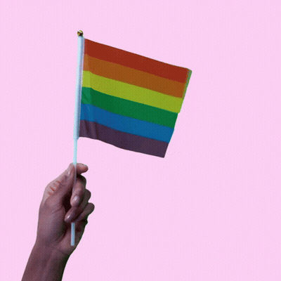A Person Is Holding A Small Rainbow Flag On A Pink Background GIF