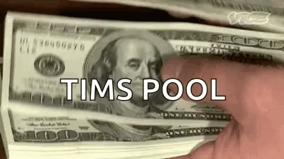 A Person Is Holding A Stack Of Money With The Words `` Tims Pool '' Written On Them . GIF