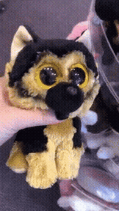 A Person Is Holding A Stuffed Animal That Looks Like A German Shepard GIF