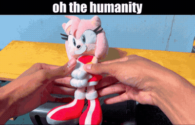 A Person Is Holding A Stuffed Animal That Says Oh The Humanity On The Bottom GIF