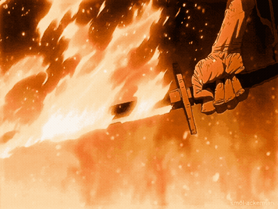 A Person Is Holding A Sword In Front Of A Fire And The Words Smol-Ackerman Are Visible GIF