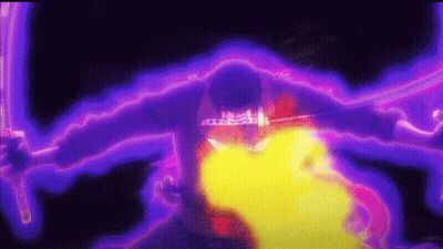 A Person Is Holding A Sword In Their Hand In A Purple And Yellow Light . GIF