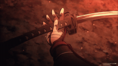 A Person Is Holding A Sword In Their Hand With The Word Funimation In The Background GIF