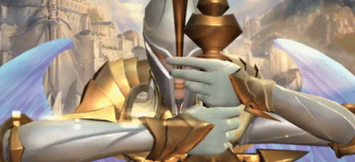 A Person Is Holding A Sword In Their Hands In Front Of A Castle GIF