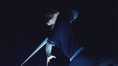 A Person Is Holding A Sword With A Blue Light Behind Them GIF