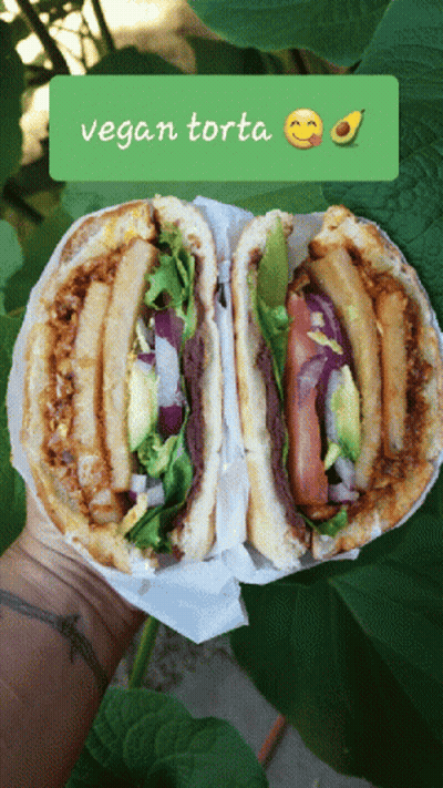A Person Is Holding A Vegan Torta Sandwich In Front Of A Plant GIF