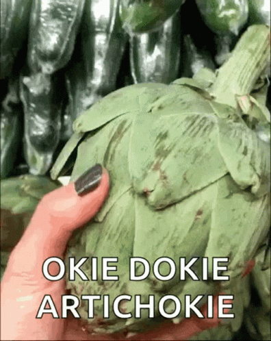 A Person Is Holding An Artichoke With The Words " Okie Dokie Artichoke " Written On It GIF