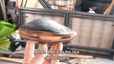 A Person Is Holding An Oyster That Says When He Licks His Lips Seductively On It GIF