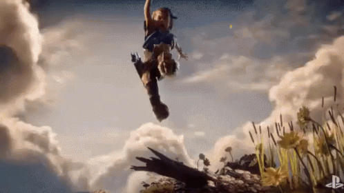 A Person Is Jumping In The Air With A Sword In A Video Game . GIF