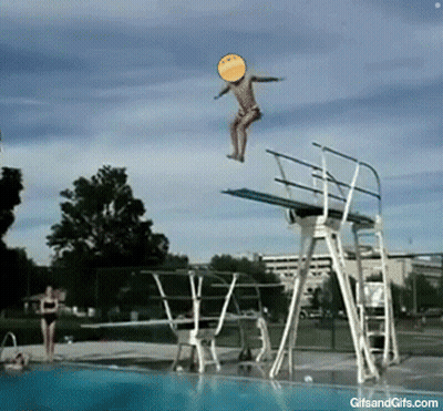 A Person Is Jumping Off A Diving Board With A Smiley Face On His Head GIF