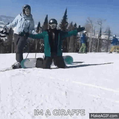 A Person Is Kneeling Down On A Snowboard In The Snow While Another Person Stands Behind Them . GIF