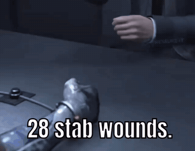 A Person Is Laying On A Table With The Words 28 Stab Wounds Written On It GIF