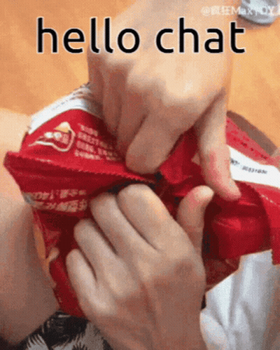 A Person Is Opening A Bag Of Chips And The Words Hello Chat Are Above Them GIF