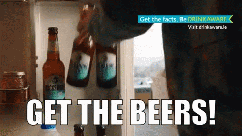 A Person Is Opening A Refrigerator Door With The Words Get The Beers Written On The Bottom GIF