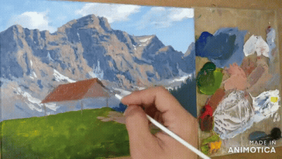 A Person Is Painting A Mountain Landscape With The Words Made In Animotica On The Bottom GIF