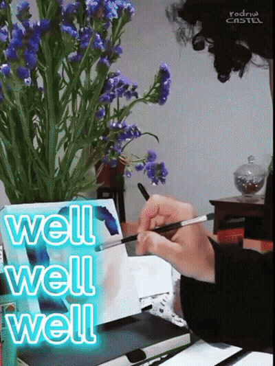 A Person Is Painting A Picture With The Words Well Well Well Written Below It GIF