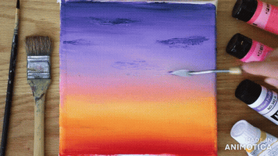 A Person Is Painting A Sunset On A Canvas With Bottles Of Acrylic Paint GIF