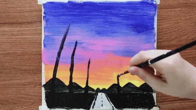 A Person Is Painting A Sunset Over A Road With A Brush GIF