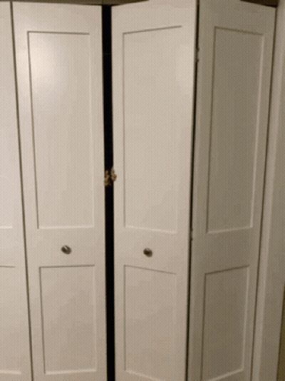 A Person Is Peeking Out From Behind A Pair Of Folding Doors . GIF