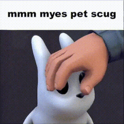A Person Is Petting A Cartoon Rabbit With A Caption That Says Mmmm Myes Pet Scug . GIF