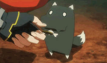 A Person Is Petting A Small Cartoon Character With A Fox Tail GIF