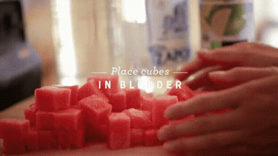A Person Is Placing Cubes In A Blender With The Words Place Cubes In Blender Below Them GIF