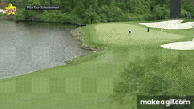 A Person Is Playing Golf On A Green Near A Lake GIF