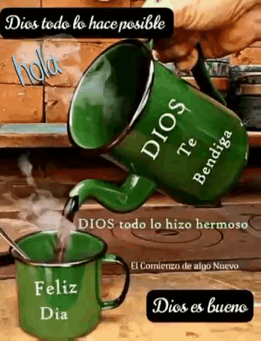 A Person Is Pouring Coffee Into A Green Mug That Says Dios Todo Lo Hace Posible . GIF