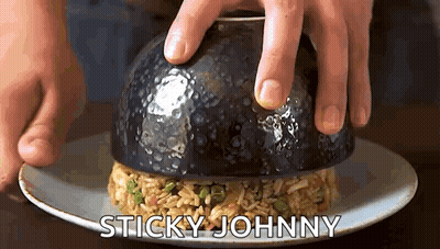 A Person Is Putting A Bowl On Top Of A Plate Of Food With The Words Sticky Johnny Written On The Bottom GIF