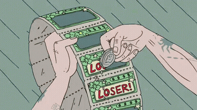 A Person Is Putting A Coin Into A Machine That Says Loser On It GIF
