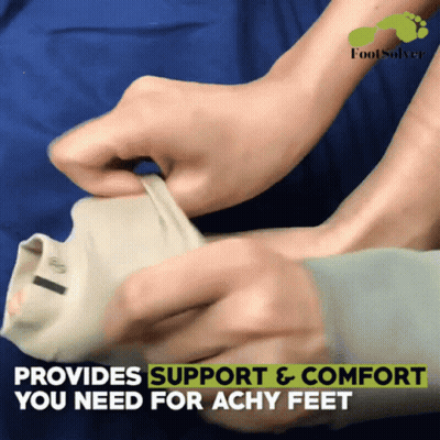 A Person Is Putting On A Pair Of Socks With The Words Provides Support And Comfort You Need For Achy Feet On The Bottom GIF