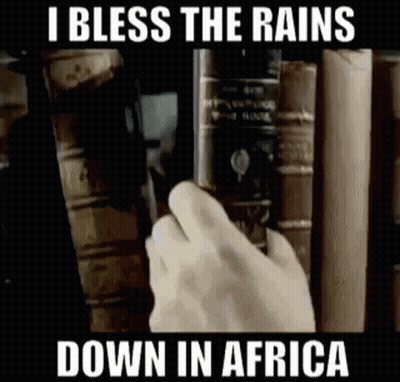 A Person Is Reaching For A Book In A Library With A Caption That Says I Bless The Rains Down In Africa . GIF