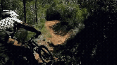 A Person Is Riding A Bike On A Trail In The Woods GIF