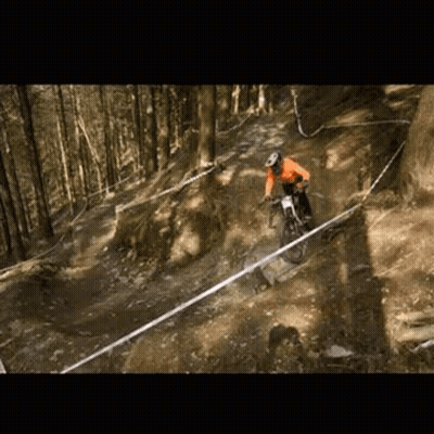 A Person Is Riding A Mountain Bike Down A Dirt Trail In The Woods . GIF