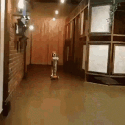 A Person Is Riding A Scooter Down A Hallway GIF