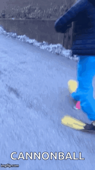 A Person Is Riding A Skateboard Down A Snowy Road With The Words Cannonball Below Them GIF