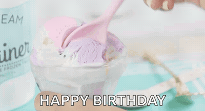 A Person Is Scooping Ice Cream Into A Glass With The Words Happy Birthday Written On It GIF