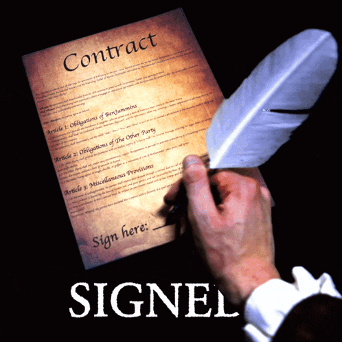 A Person Is Signing A Contract With A Feather In Their Hand GIF