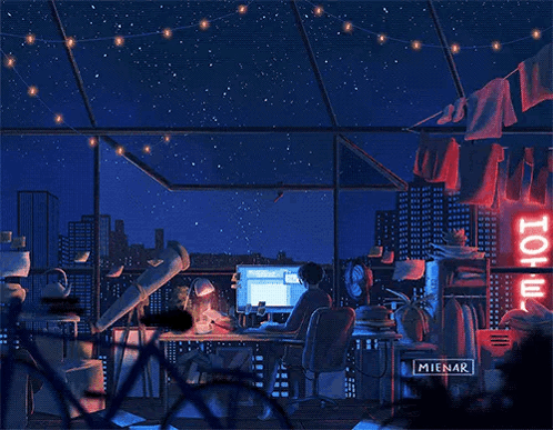 A Person Is Sitting At A Desk With A Computer And A Telescope In Front Of A Hotel Sign . GIF