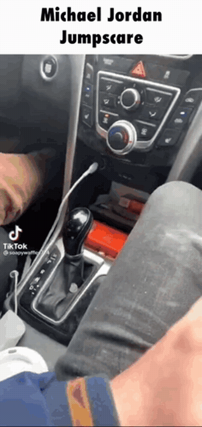 A Person Is Sitting In The Driver 'S Seat Of A Car With A Caption That Says Michael Jordan Jumpscare GIF